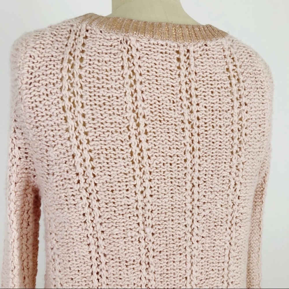 Anthro Moth Metallic Gold Wool Blend Rose Pink Chunky Open Knit Pullover Sweater - Picture 5 of 9